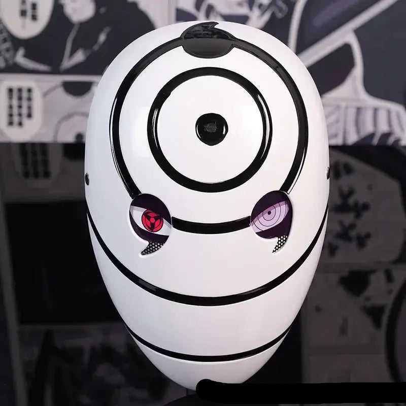 A highly imitative, high-gloss Obito Cosplay Mask featuring the Akatsuki Sharingan design for anime Halloween costumes and conventions.