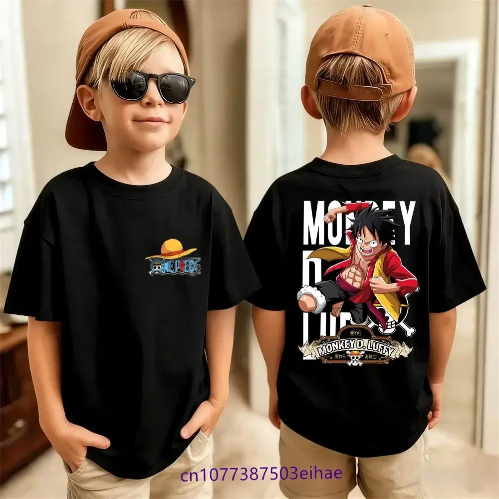 One Piece kids t-shirt Luffy pure cotton short sleeve summer top featuring Luffy Zoro Nami and Franky crew print for boys