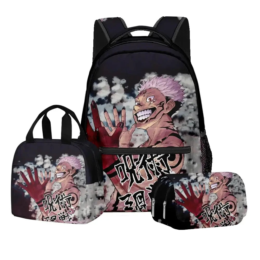 A 3-piece Jujutsu Kaisen Backpack Set featuring a digital print schoolbag, thermal lunch bag, and 2-layer pencil case for boys.