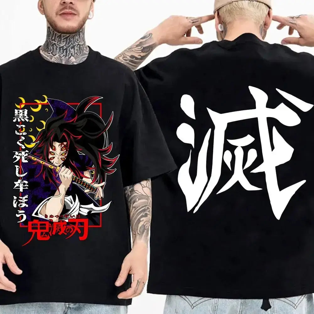 Demon Slayer Cotton Parent-Child Anime T-Shirt worn by parent and child matching summer outfit