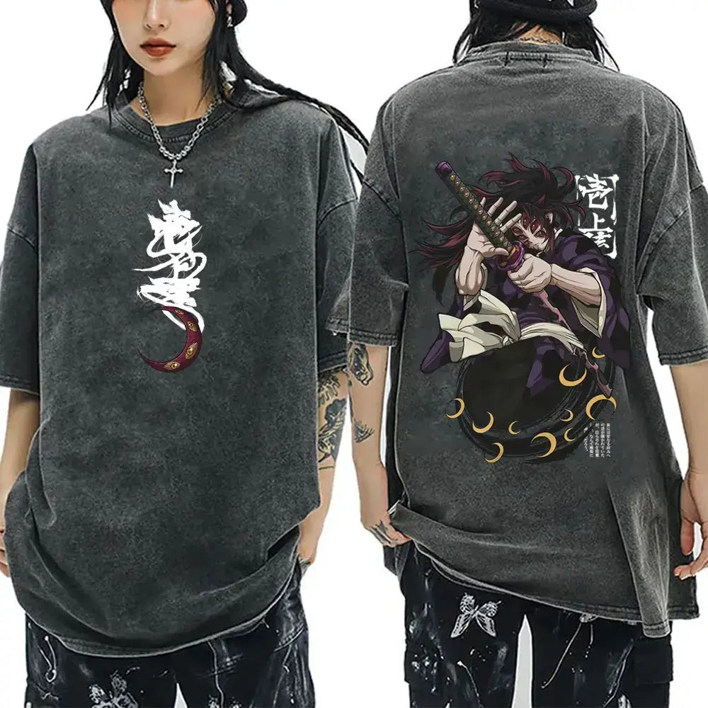 A vintage washed Demon Slayer Serpent Hashira Iguro Obanai T Shirt in a casual, oversized style for men and women.