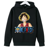 A trendy One Piece Kids Hoodie featuring cartoon graphic prints of Luffy and Zoro, designed as a casual spring and autumn pullover for children.
