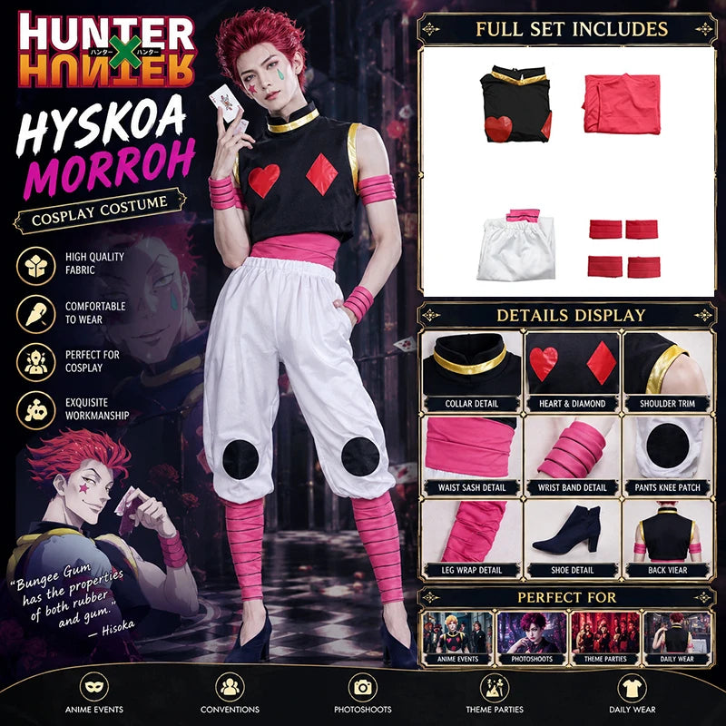 Hisoka Morow Hunter x Hunter Cosplay Costume displayed with full set details including top, pants, sash, and wraps.
