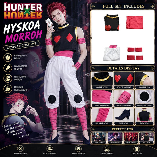 Hisoka Morow Hunter x Hunter Cosplay Costume displayed with full set details including top, pants, sash, and wraps.