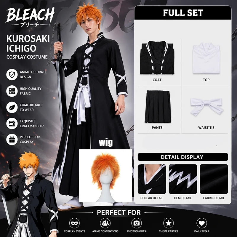 Kurosaki Ichigo Cosplay Costume complete display featuring overcoat, inner vest, pants, and white waist belt.