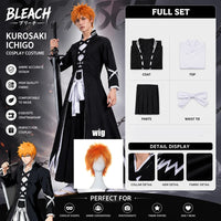 Kurosaki Ichigo Cosplay Costume complete display featuring overcoat, inner vest, pants, and white waist belt.