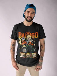 A premium Katsuki Bakugo T-Shirt featuring explosive anime manga art of the My Hero Academia hero Dynamight for men and women.