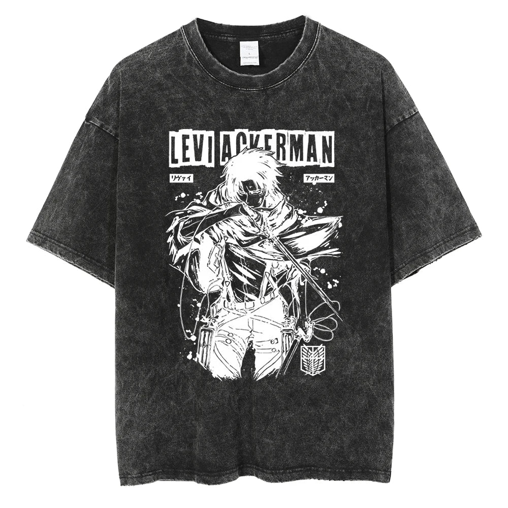 A vintage-washed Eren Jaeger T-Shirt featuring a gritty Attack on Titan manga graphic, styled as oversized Harajuku streetwear for men and women.