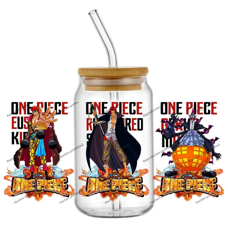 A collection of the newest 31 designs of popular One Piece UV DTF Stickers for a 16oz glass cup.