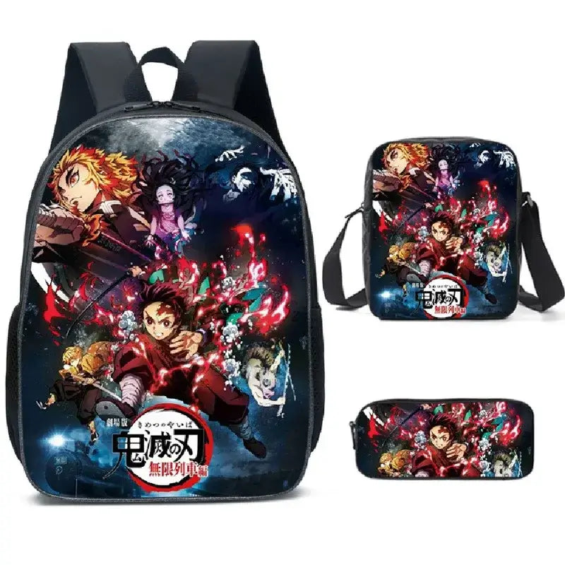 A pink Demon Slayer Backpack 3-piece set featuring Kamado Nezuko anime art, including a schoolbag, shoulder bag, and pencil case for students.