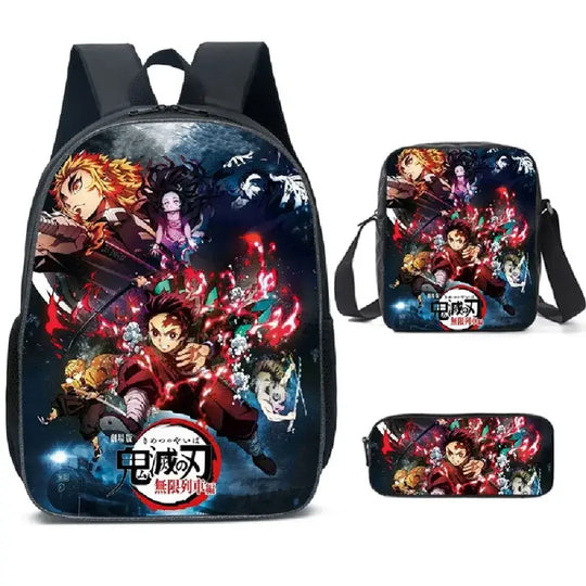 A pink Demon Slayer Backpack 3-piece set featuring Kamado Nezuko anime art, including a schoolbag, shoulder bag, and pencil case for students.