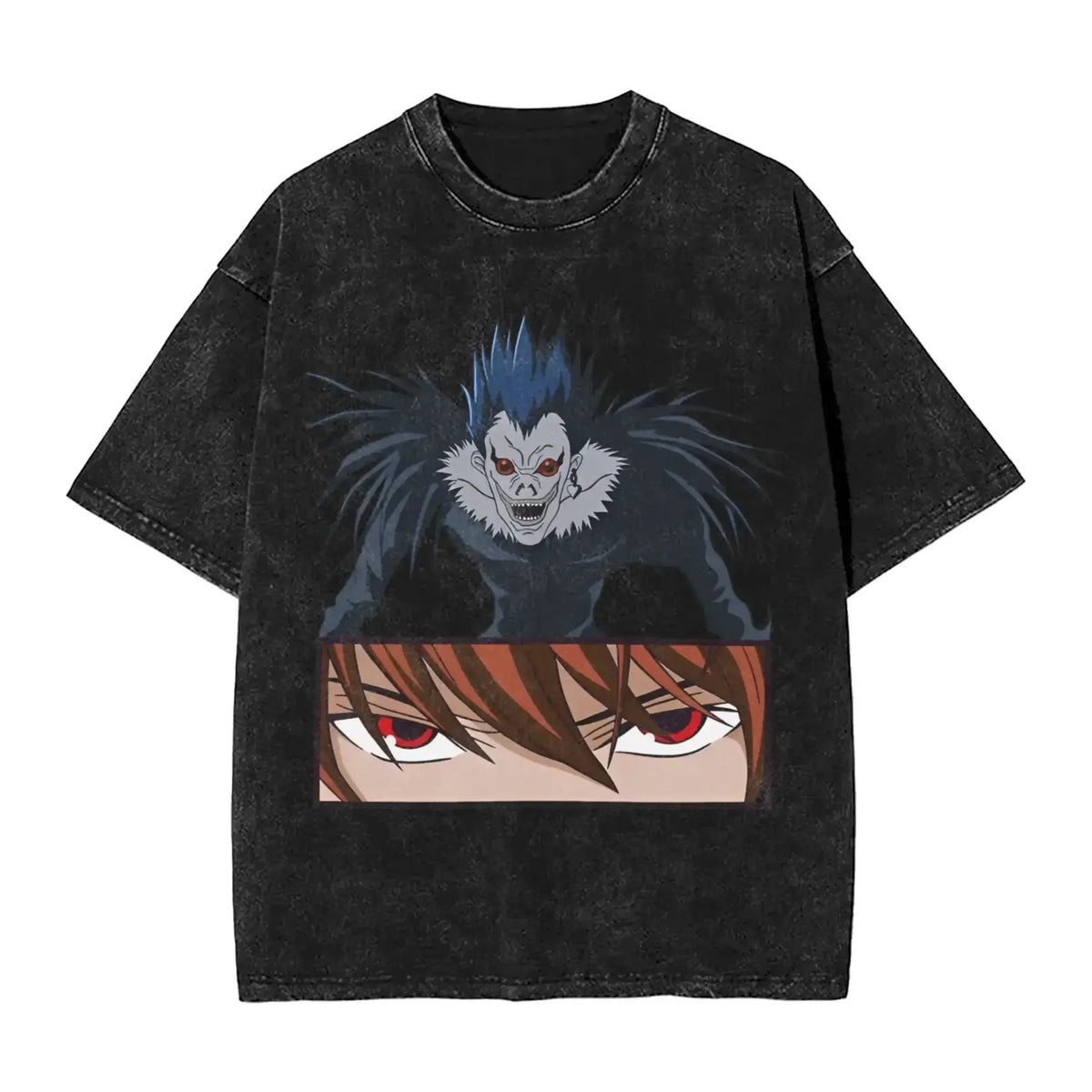 L Lawliet T-Shirt Death Note vintage washed cotton graphic tee with oversized fit O-neck collar and drop-shoulder short sleeves front view