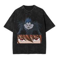 L Lawliet T-Shirt Death Note vintage washed cotton graphic tee with oversized fit O-neck collar and drop-shoulder short sleeves front view