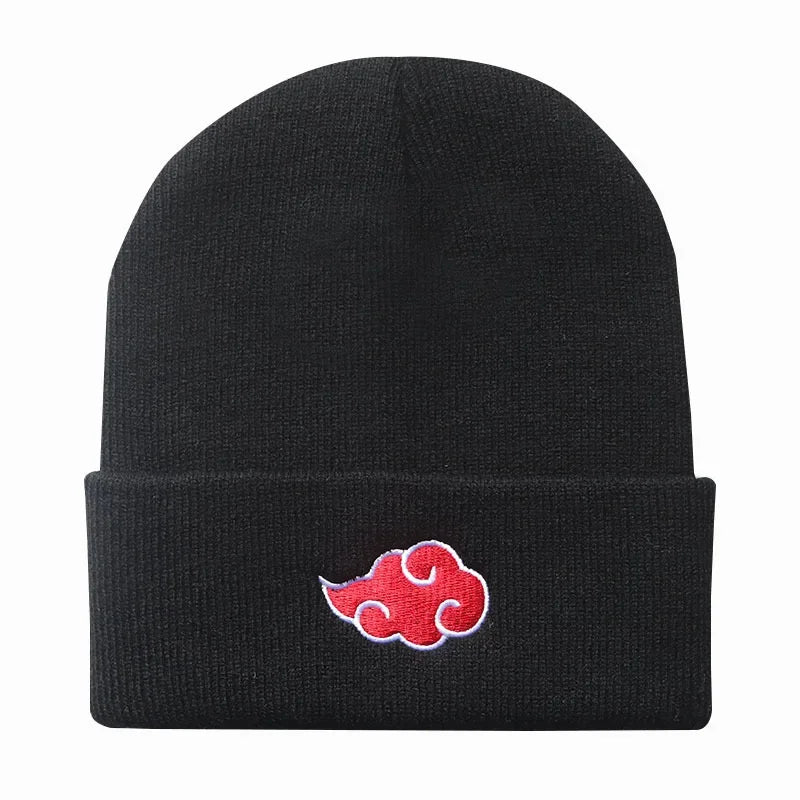 A black knitted Akatsuki Beanie featuring the red cloud embroidery symbol, designed as a warm unisex winter hat for men and women.