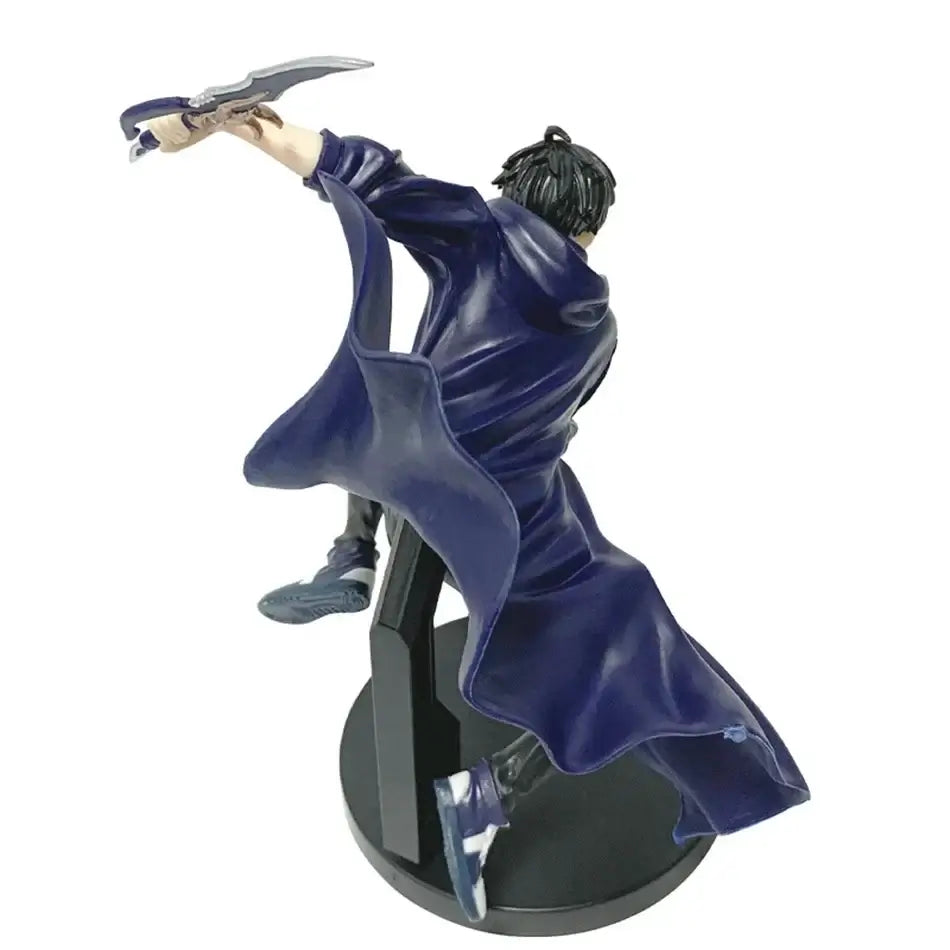 A highly detailed Sung Jin Woo Figure, showcasing the Solo Leveling Shadow Monarch in a dynamic anime action pose for desktop decoration.