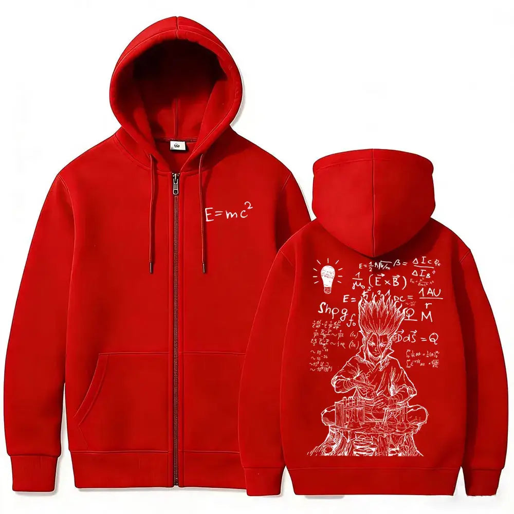 Senku Ishigami Dr. Stone Zip-Up Hoodie featuring fleece and scientific designs in navy blue