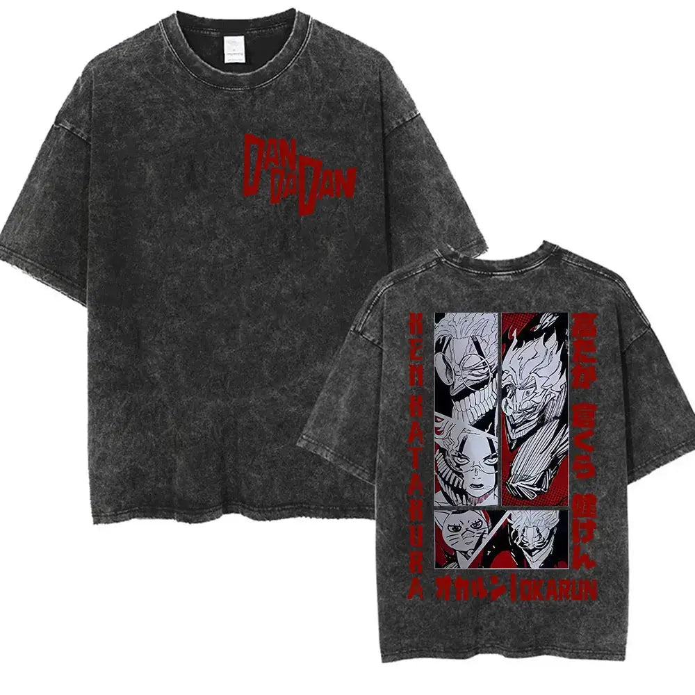 A unisex vintage washed Japan Anime Dandadan Okarun Graphic T Shirt made from high-quality cotton for streetwear fashion.