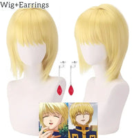 Kurapika Hunter x Hunter Cosplay Costume Full Set wig and earrings displayed on a mannequin with anime character reference images.
