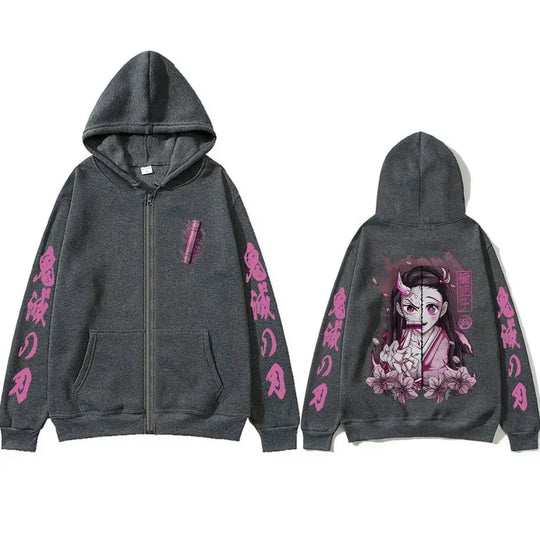 A casual oversized Anime Demon Slayer Kamado Nezuko Merch Zipper Hoodie jacket for men and women.