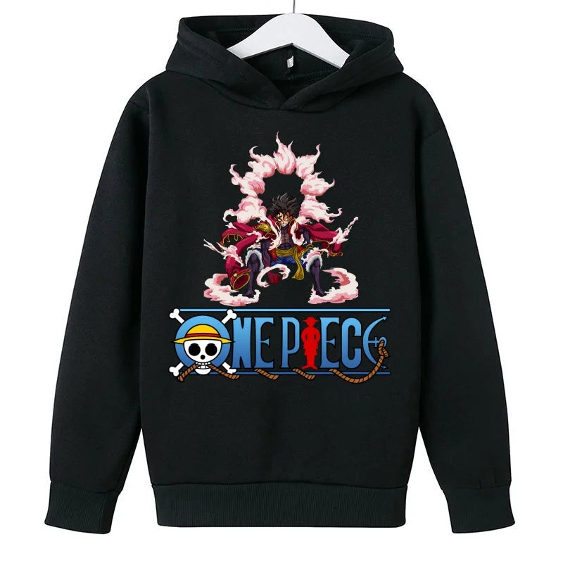 A trendy One Piece Kids Hoodie featuring cartoon graphic prints of Luffy and Zoro, designed as a casual spring and autumn pullover for children.