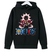 A trendy One Piece Kids Hoodie featuring cartoon graphic prints of Luffy and Zoro, designed as a casual spring and autumn pullover for children.
