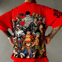 A trendy 2026 MINISO One Piece TShirt made of soft cotton, featuring a graphic print of Luffy, Zoro, and Sanji for men and women.