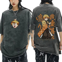 A washed black Demon Slayer Vintage T-Shirt made of 100% cotton, featuring an oversized cartoon anime graphic for men and women.