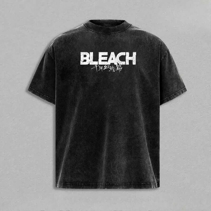 Ulquiorra & Grimmjow Washed T-Shirt featuring a washed black cotton fabric with bold Bleach logo design.