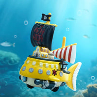 A Pop Mart One Piece Vehicles blind box packaging containing a surprise Grand Line Series ship figure for home decoration.