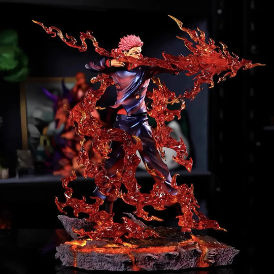 Ryomen Sukuna Figure showcasing dynamic flames, detailed PVC model from Jujutsu Kaisen, perfect for anime collectors.