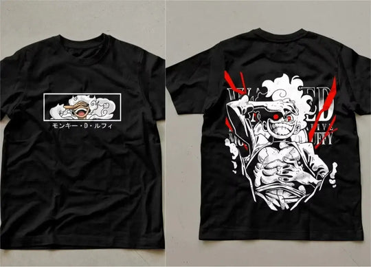 Monkey D. Luffy One Piece Printed Cotton T-Shirt featuring unique front and back designs in black.