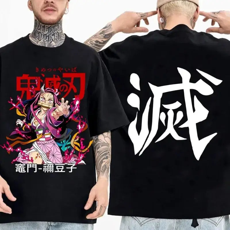 Demon Slayer Cotton Parent-Child Anime T-Shirt worn by parent and child matching summer outfit