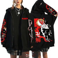A unisex Bleach Zip Up Hoodie featuring 3D cosplay prints of Kurosaki Ichigo, Kyoraku Shunsui, and Hitsugaya Toshiro for anime fans.