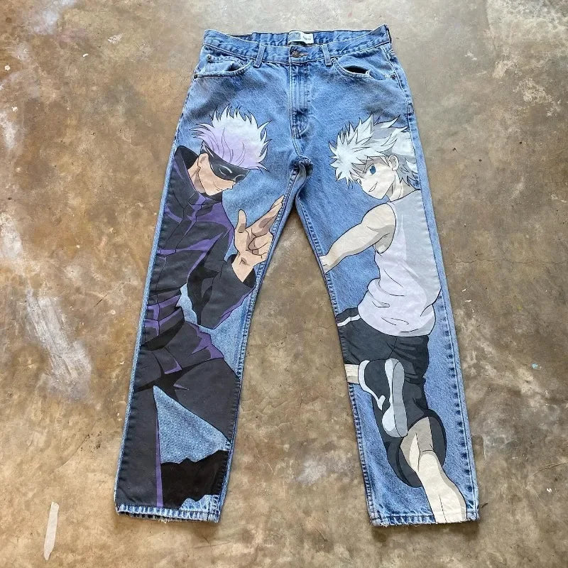 Trendy Y2K Anime Baggy Jeans featuring a Harajuku graphic print pattern, designed as high-waisted vintage streetwear for men and women.