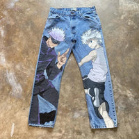 Trendy Y2K Anime Baggy Jeans featuring a Harajuku graphic print pattern, designed as high-waisted vintage streetwear for men and women.
