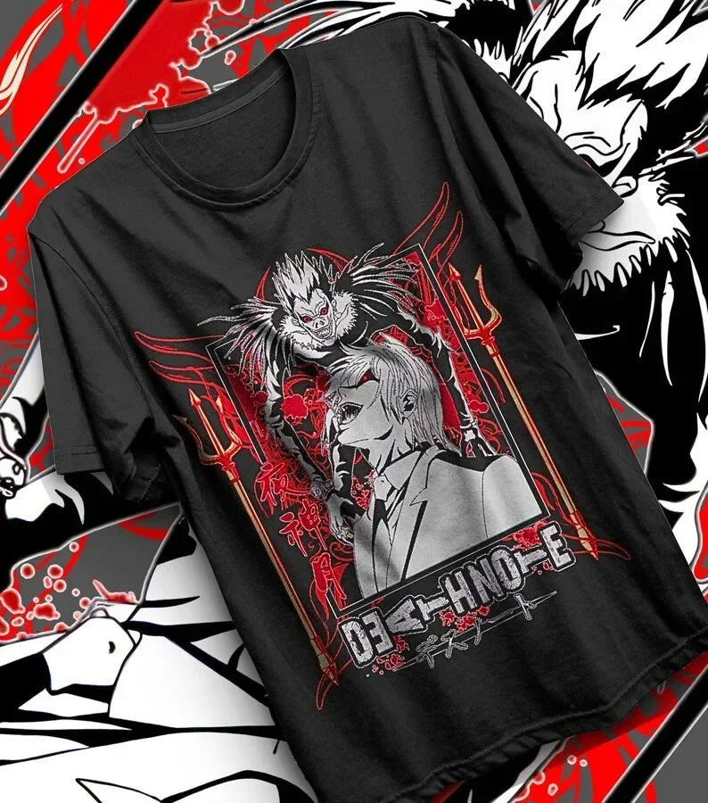 A trendy Death Note T-shirt featuring high-definition anime graphic art of Light Yagami and Ryuk, designed as a unisex Japanese manga top.