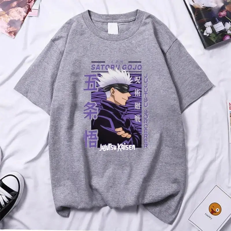 A high-quality Anime Gojo Satoru T-shirt in a summer Y2k style for men and women.