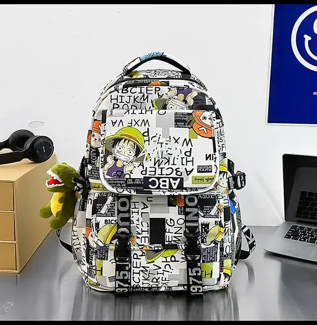 A high-capacity One Piece Luffy Backpack featuring a vibrant graffiti print of Monkey D. Luffy, designed as a durable school bag for middle and high students.
