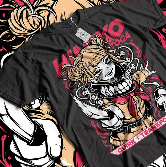 A kawaii Himiko Toga T-Shirt featuring graphic anime art of the My Hero Academia villain, designed as a cute girl shirt for all sizes.