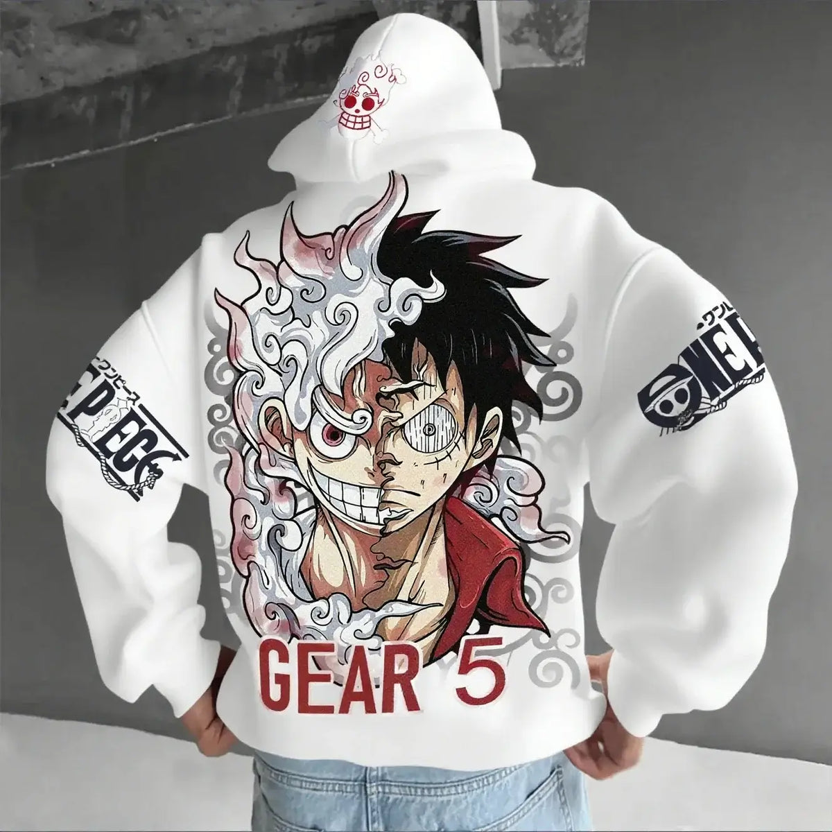 A streetwear One Piece Luffy Gear 5 Nika Anime Hoodie, a casual pullover for men and women's autumn and winter cosplay.
