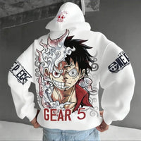 A streetwear One Piece Luffy Gear 5 Nika Anime Hoodie, a casual pullover for men and women's autumn and winter cosplay.
