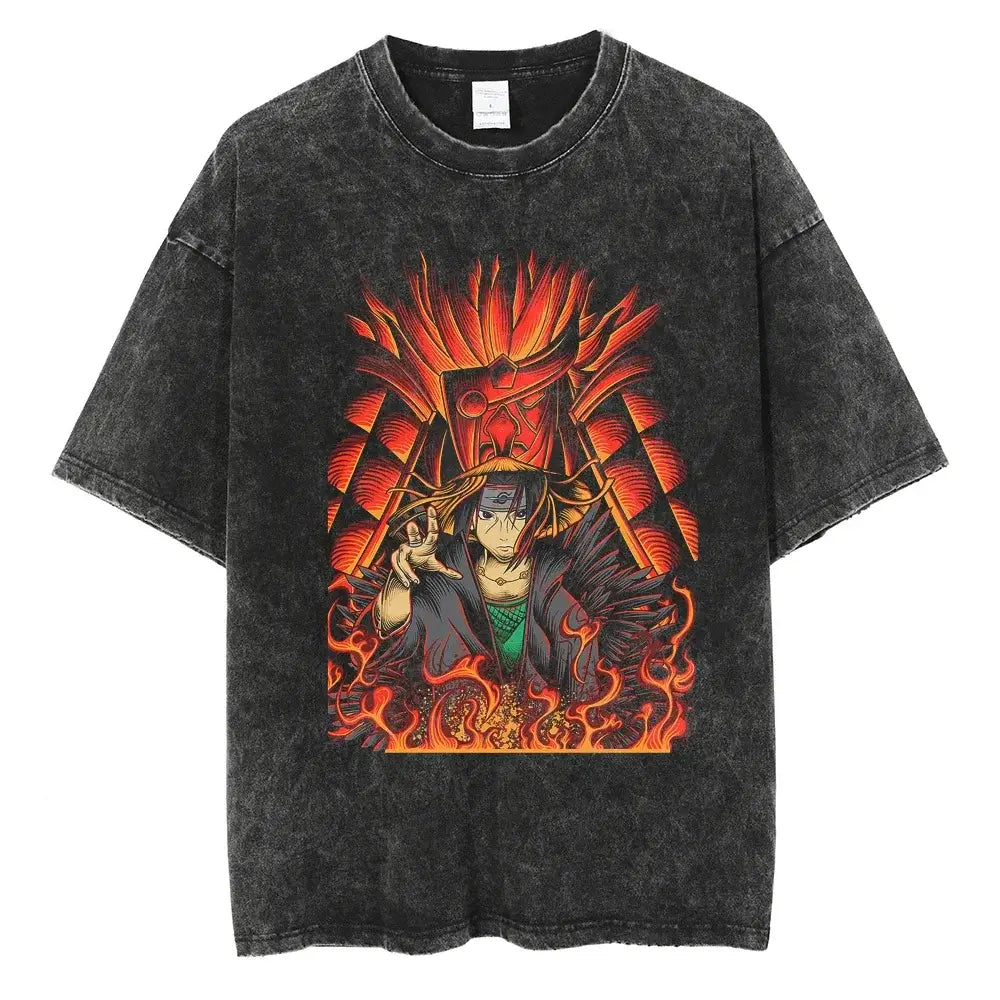 A man wearing the vintage black Japanese Anime Naruto Print T Shirt in a Harajuku hip hop streetwear style.