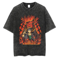 A man wearing the vintage black Japanese Anime Naruto Print T Shirt in a Harajuku hip hop streetwear style.