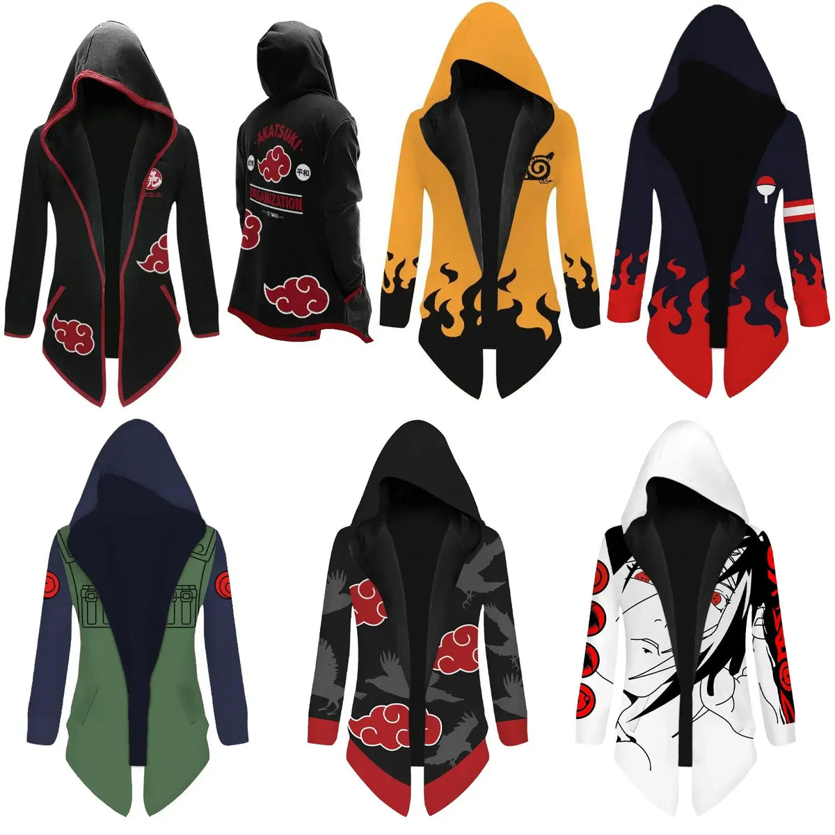 Naruto Uzumaki Cosplay Hooded Cardigan Trench Coat - Various designs, featuring vibrant colors and iconic anime patterns.