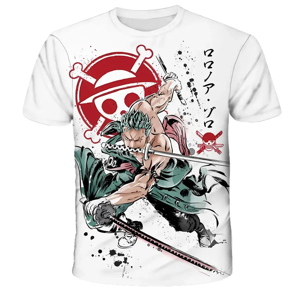 A breathable One Piece Luffy T-shirt featuring a cartoon graphic, designed as a loose-fit casual top for men and boys.