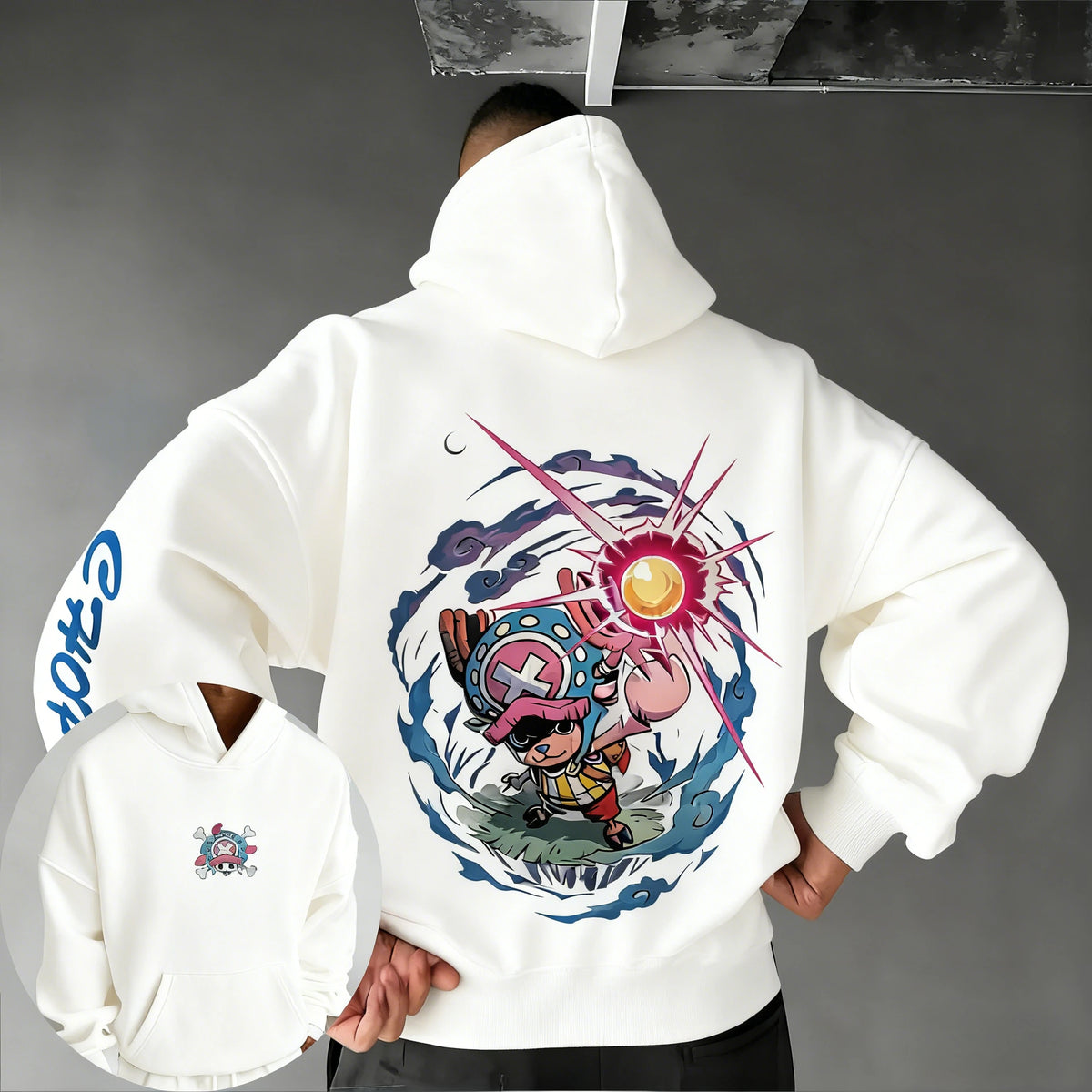 A loose-fit Tony Tony Chopper Hoodie featuring a cute anime graphic print, designed as American street hip hop wear for men and children.
