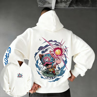 A loose-fit Tony Tony Chopper Hoodie featuring a cute anime graphic print, designed as American street hip hop wear for men and children.