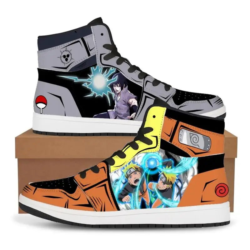 Trendy black Akatsuki High-Top Sneakers featuring the red cloud anime symbol, comfortable casual basketball shoes for men.