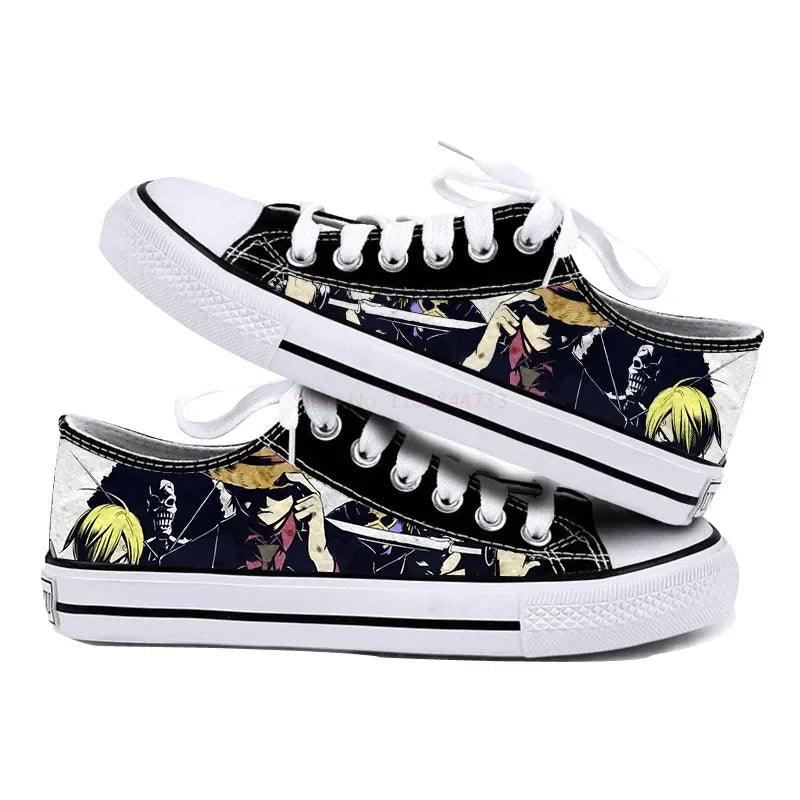 One Piece Anime Low Top Canvas Sneakers flat lay pair printed anime canvas couple birthday gift