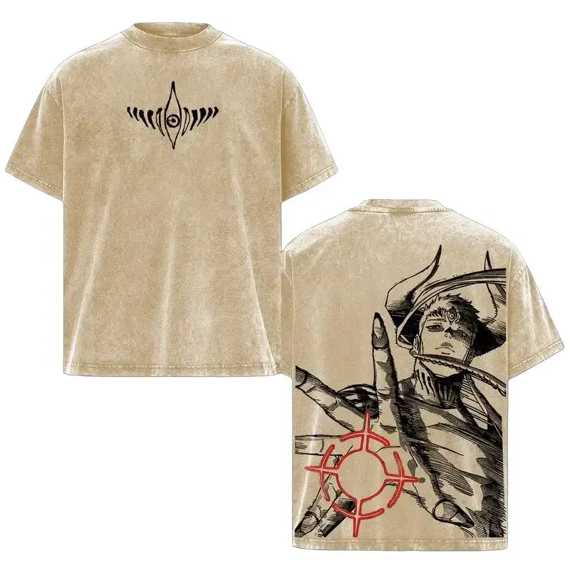 Jujutsu Kaisen Cross Graphic Oversized T-Shirt featuring a unique design on a washed beige tee.